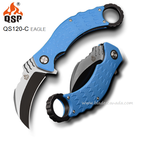 QSP Eagle Karambit Flipper Folding Knife, D2 Two-Tone, G10 Blue, QS120-C